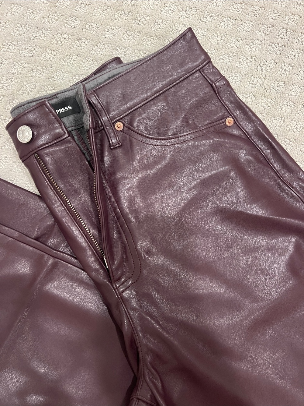 Express High-Rise Modern Straight Faux Leather Jeans in Plum